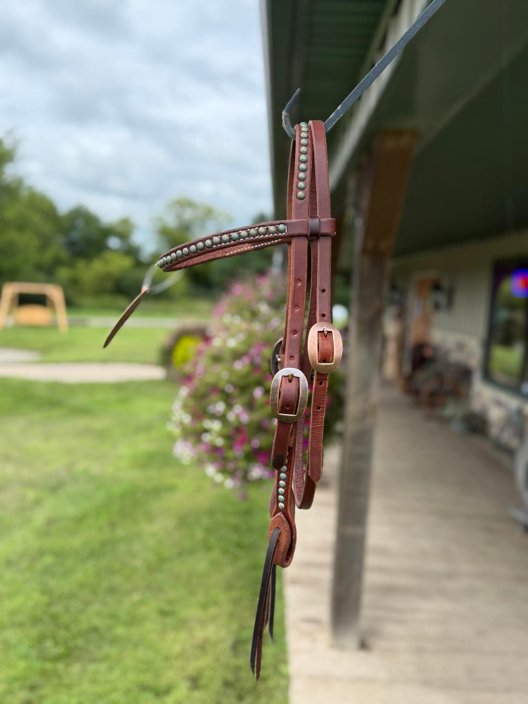 Cowperson Tack Dark Oiled Double Buckle Cowboy Browband Headstall-Turquoise Patina
