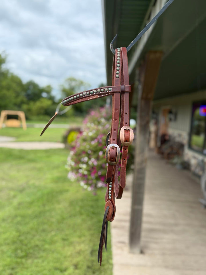 Cowperson Tack Dark Oiled Double Buckle Cowboy Browband Headstall-Turquoise Patina