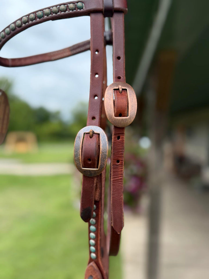 Cowperson Tack Dark Oiled Double Buckle Cowboy Browband Headstall-Turquoise Patina