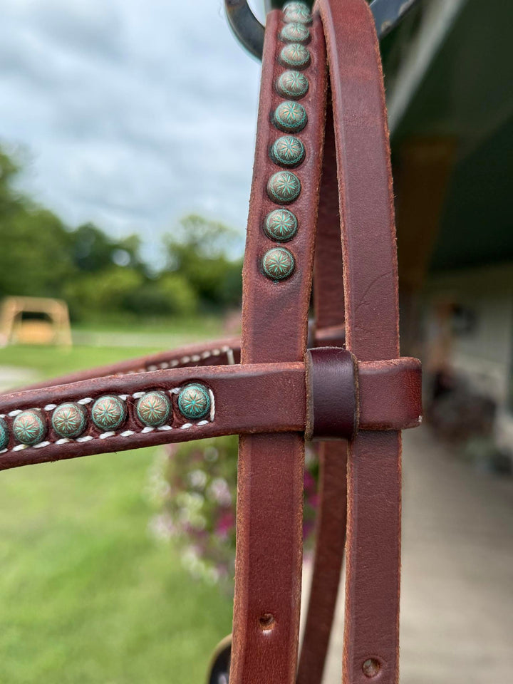 Cowperson Tack Dark Oiled Double Buckle Cowboy Browband Headstall-Turquoise Patina