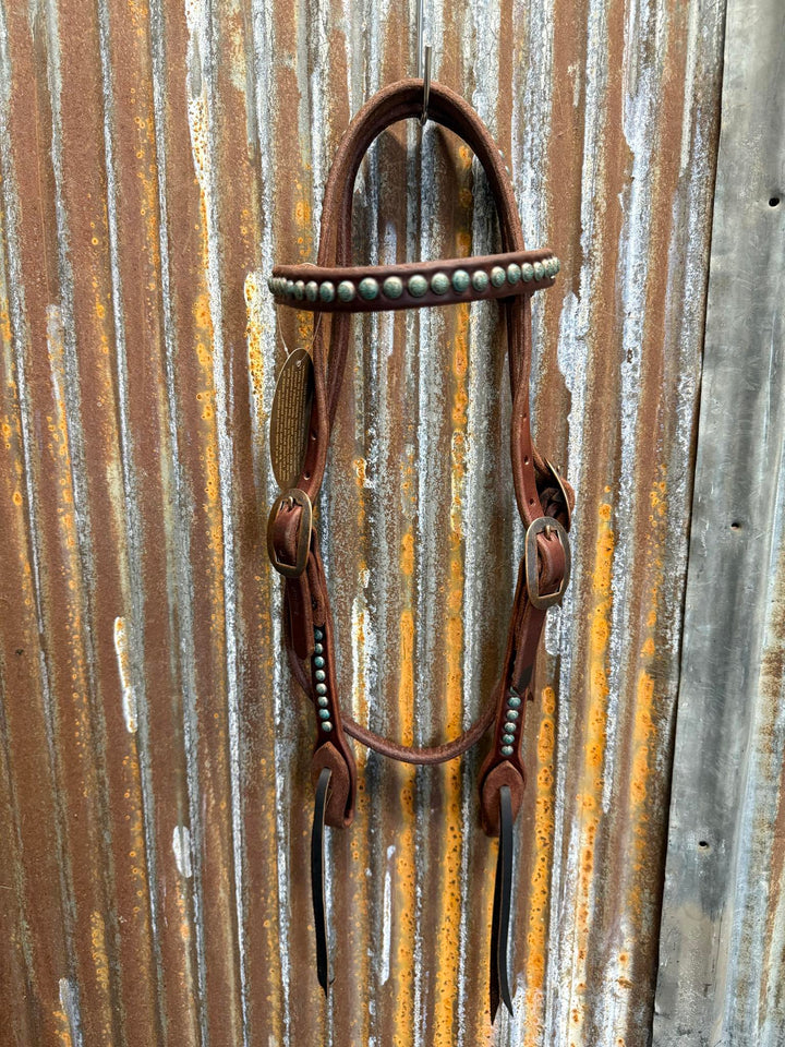 Cowperson Tack Dark Oiled Double Buckle Cowboy Browband Headstall-Turquoise Patina