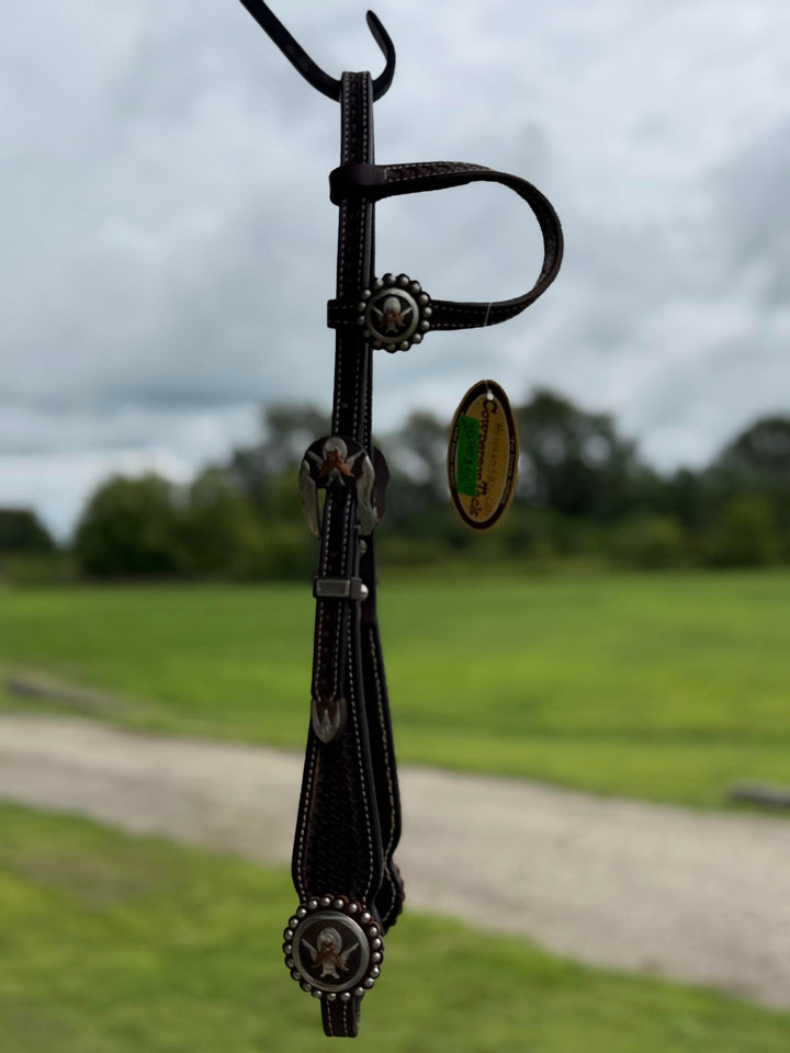 Cowperson Tack Dark Oiled One Ear Headstall-Gunslinger Buckle and Concho Set