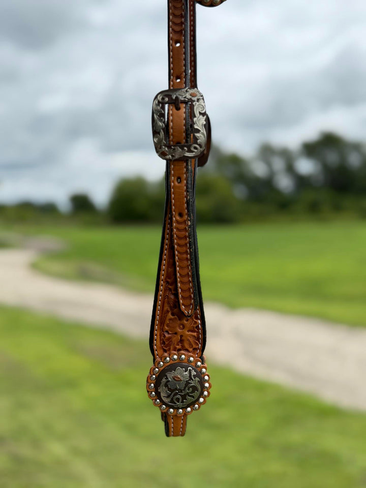 Cowperson Tack Light Oiled Floral Tooled One Ear Headstall