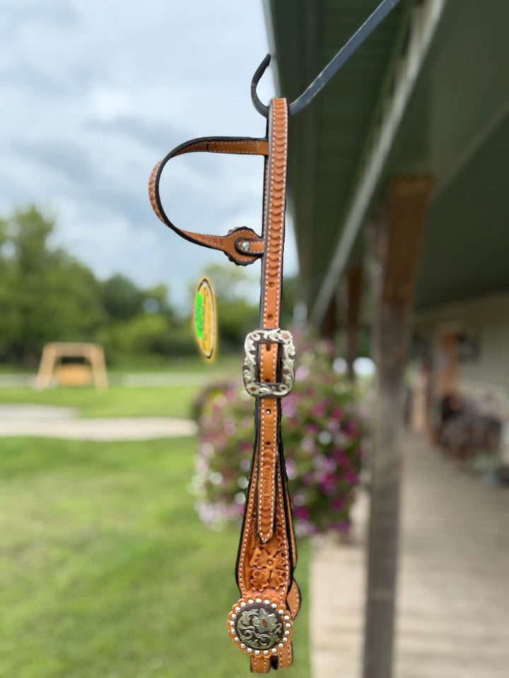 Cowperson Tack Light Oiled Floral Tooled One Ear Headstall
