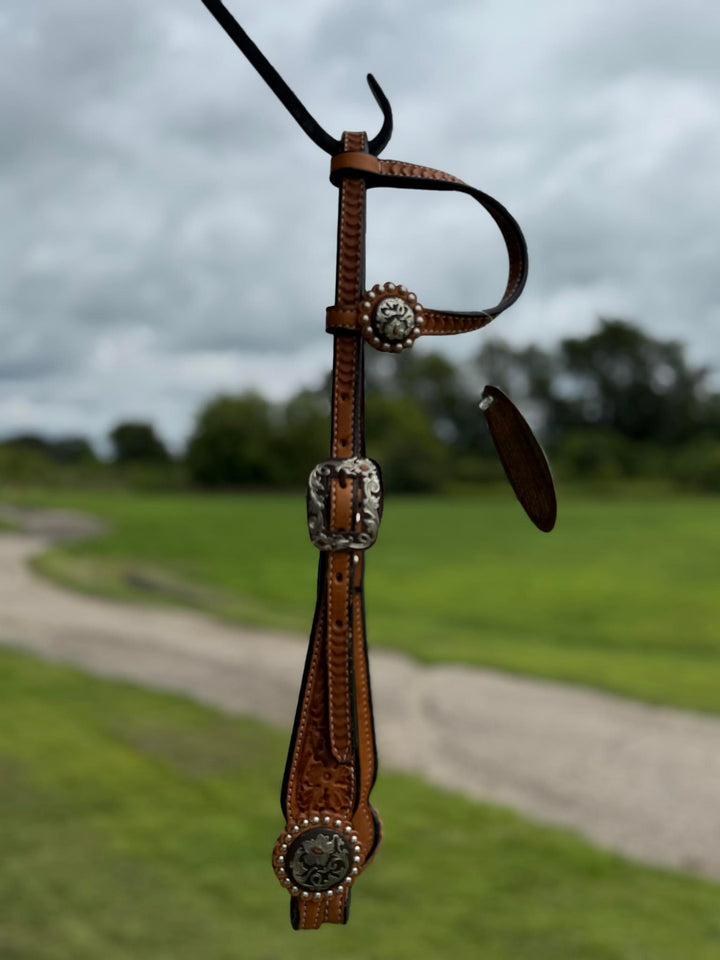 Cowperson Tack Light Oiled Floral Tooled One Ear Headstall