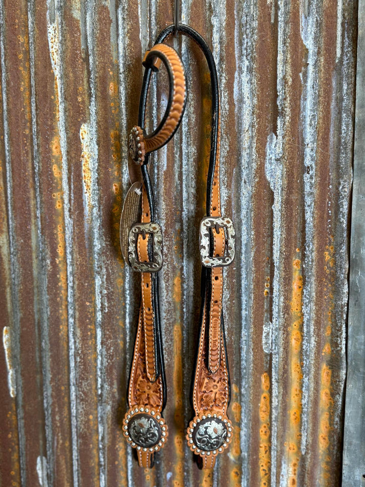 Cowperson Tack Light Oiled Floral Tooled One Ear Headstall