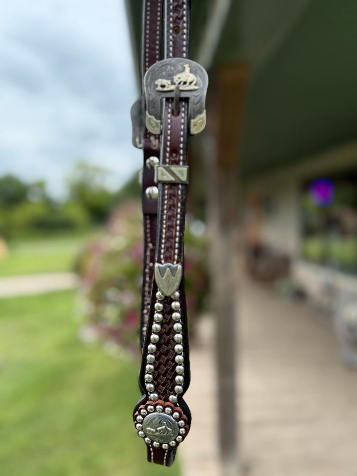 Cowperson Tack Dark Oiled Dotted One Ear Headstall-Cutting Horse Buckle and Concho Set