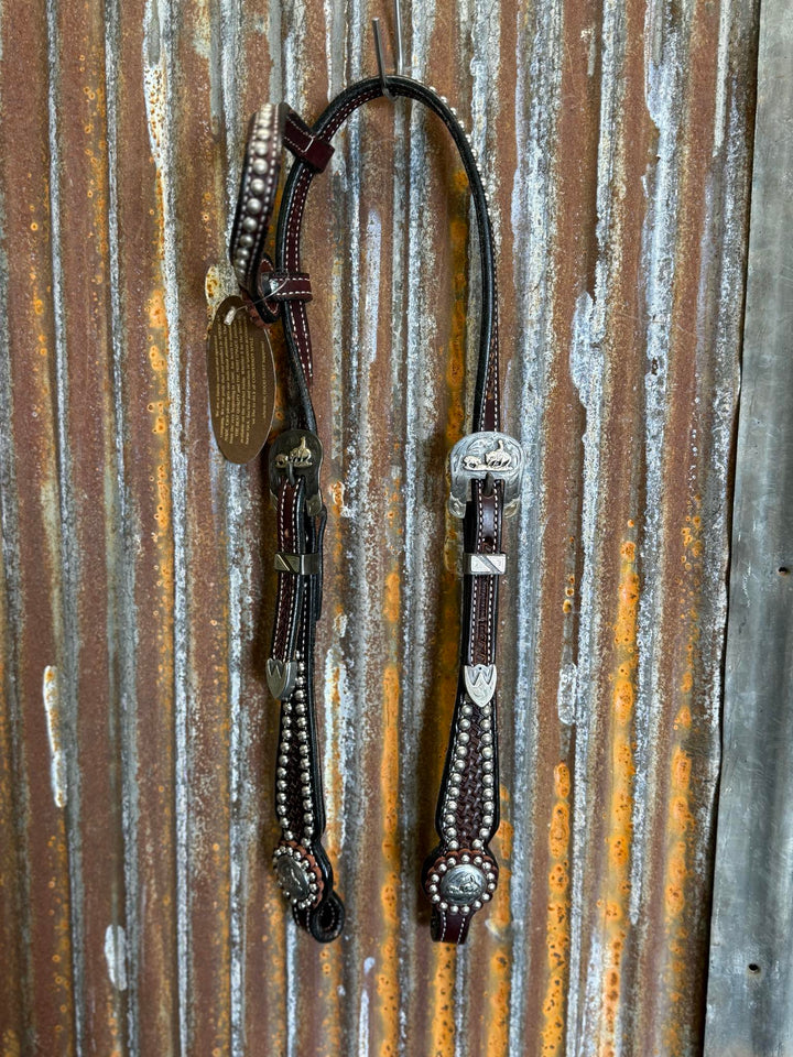 Cowperson Tack Dark Oiled Dotted One Ear Headstall-Cutting Horse Buckle and Concho Set