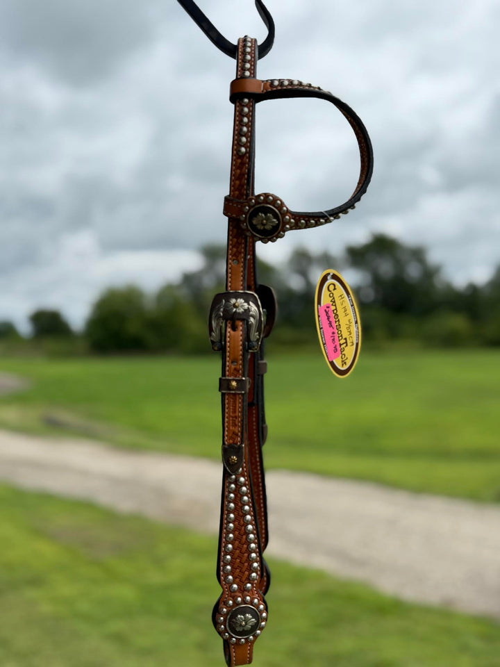 Cowperson Tack Light Oiled Dotted One Ear Headstall-Floral Buckle and Concho Set