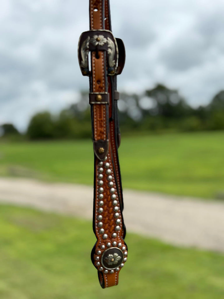 Cowperson Tack Light Oiled Dotted One Ear Headstall-Floral Buckle and Concho Set
