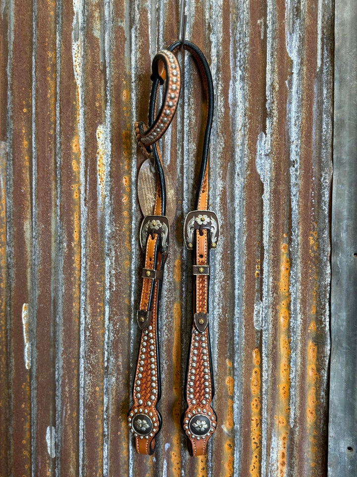 Cowperson Tack Light Oiled Dotted One Ear Headstall-Floral Buckle and Concho Set