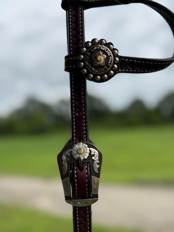 Cowperson Tack Dark Oiled One Ear Headstall-Floral Star Concho
