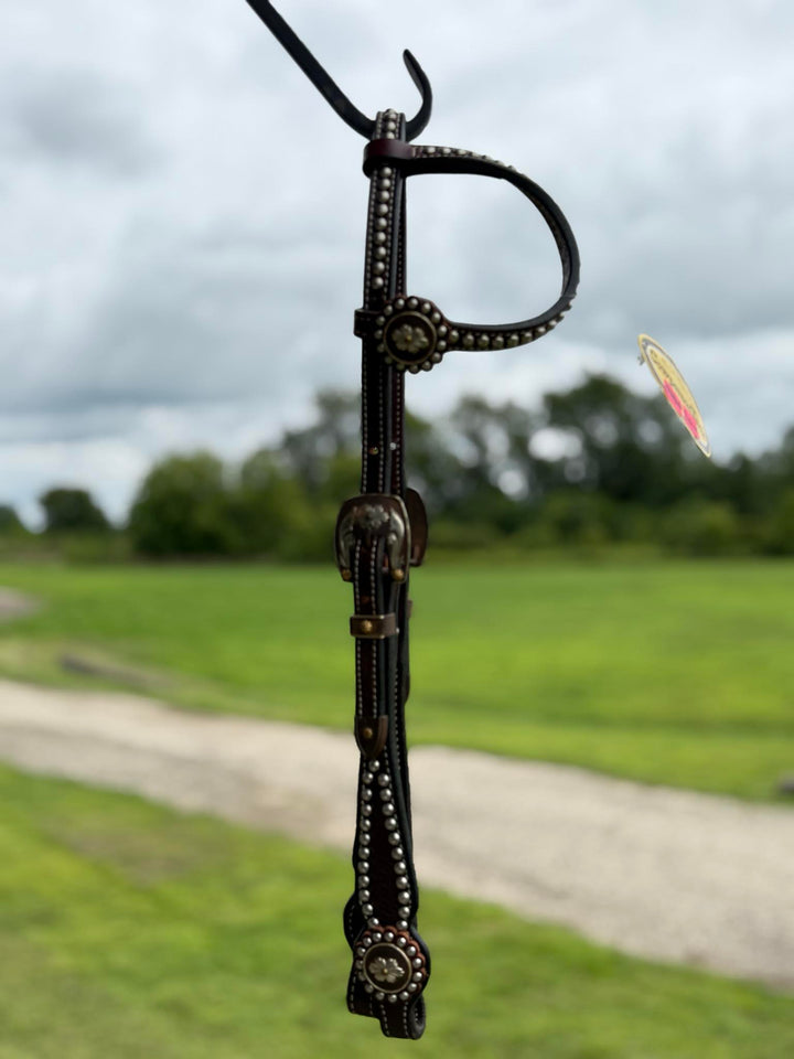 Cowperson Tack Dark Oiled One Ear Headstall-Floral Star Concho