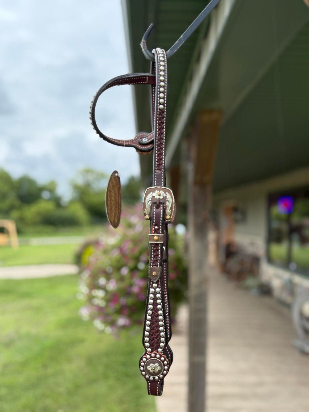 Cowperson Tack Dark Oiled One Ear Headstall-Floral Star Concho