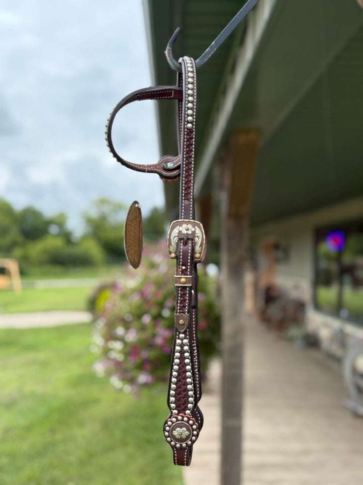 Cowperson Tack Dark Oiled One Ear Headstall-Floral Star Concho