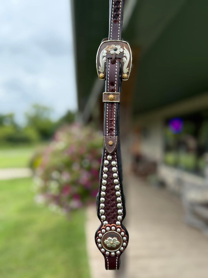 Cowperson Tack Dark Oiled One Ear Headstall-Floral Star Concho