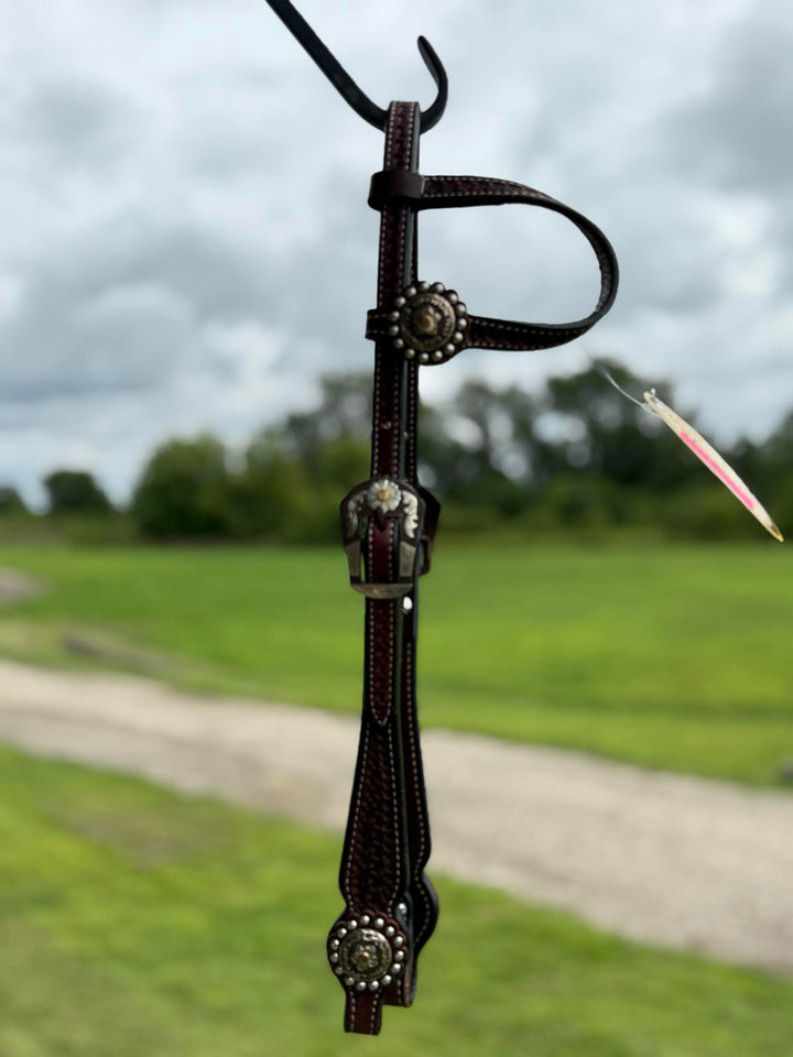 Cowperson Tack Dark Oiled One Ear Headstall-Floral Star Concho
