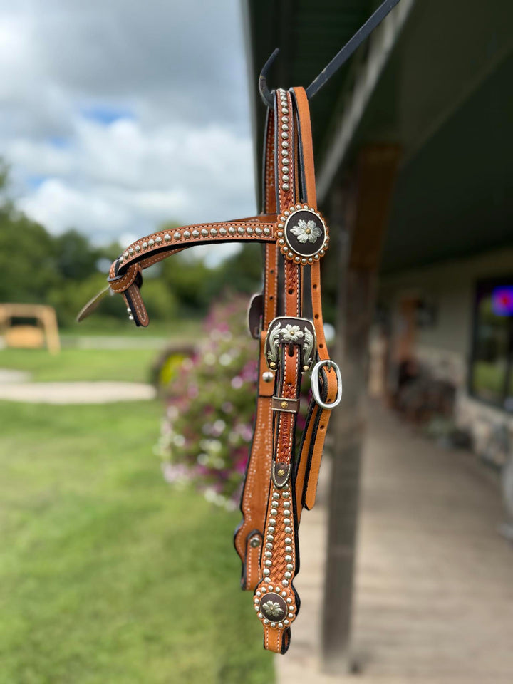 Cowperson Tack Dotted Light Oiled X-Browband Headstall