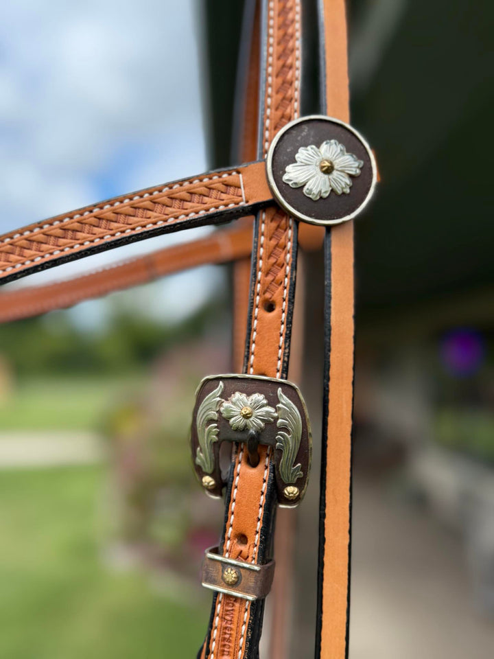 Cowperson Tack Light Oiled Browband Headstall-Floral Buckle and Concho Set