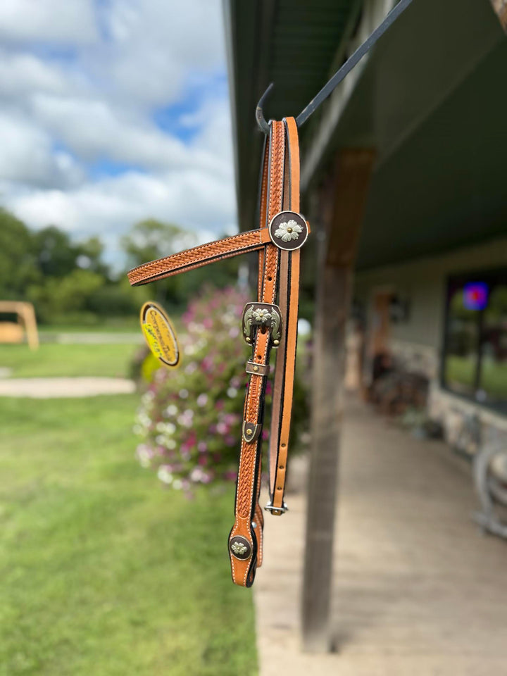 Cowperson Tack Light Oiled Browband Headstall-Floral Buckle and Concho Set