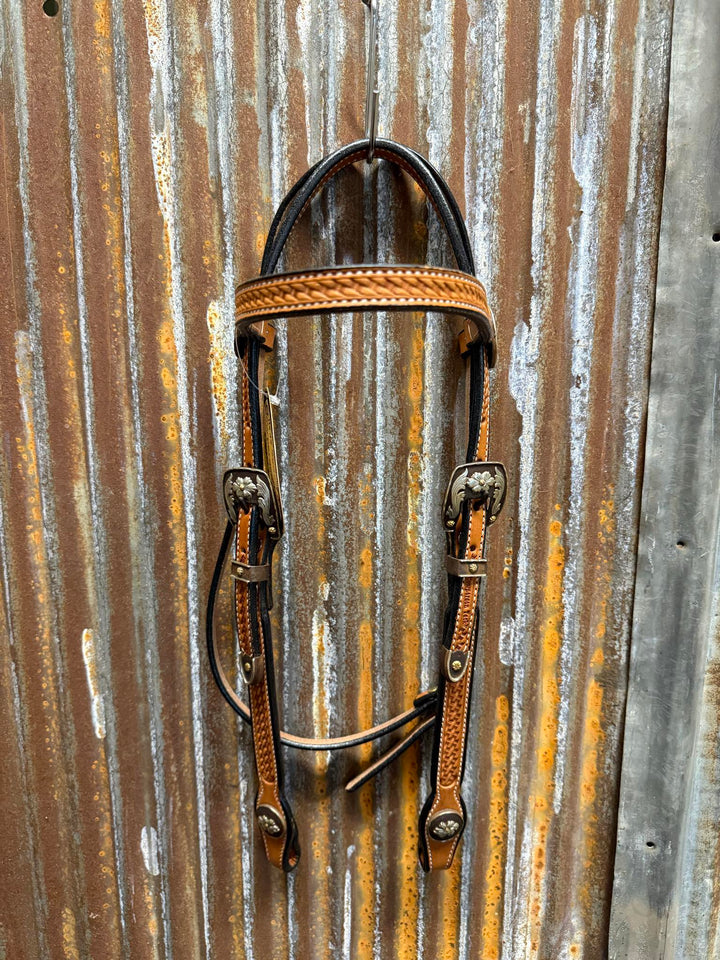 Cowperson Tack Light Oiled Browband Headstall-Floral Buckle and Concho Set