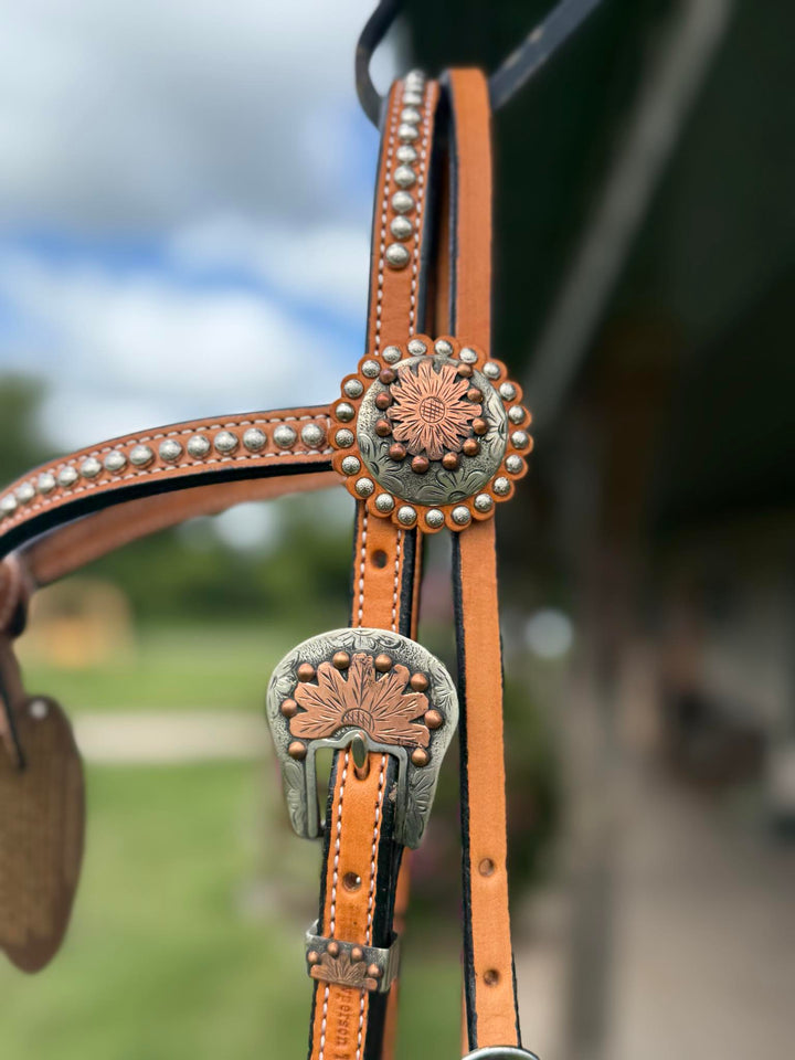 Cowperson Tack Light Oiled Dotted X-Browband Headstall-Sunflower Buckle and Concho Set