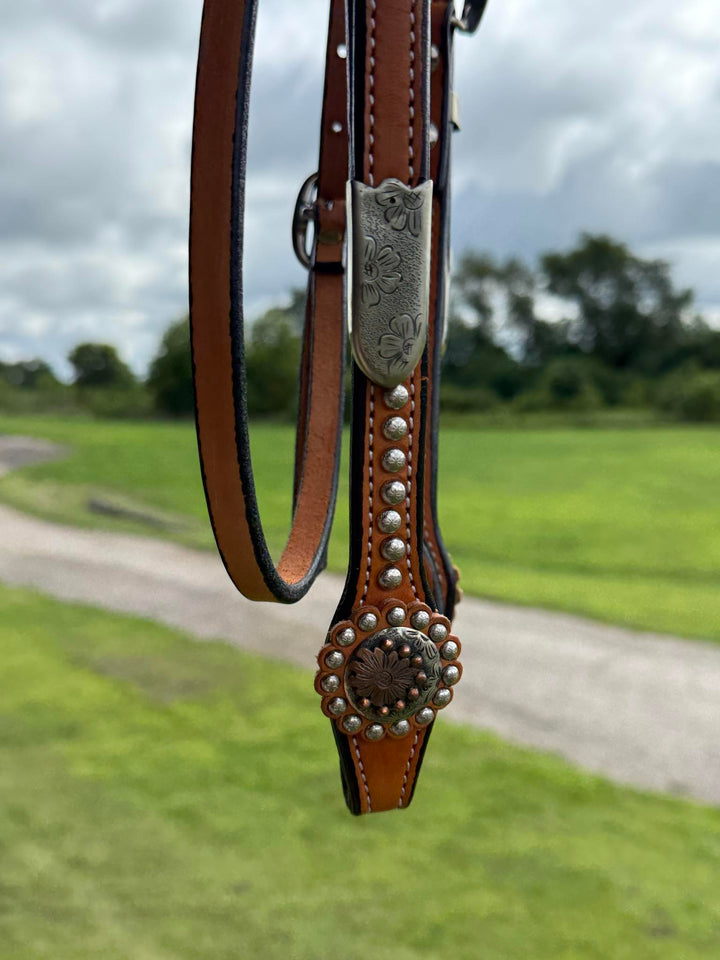 Cowperson Tack Light Oiled Dotted X-Browband Headstall-Sunflower Buckle and Concho Set