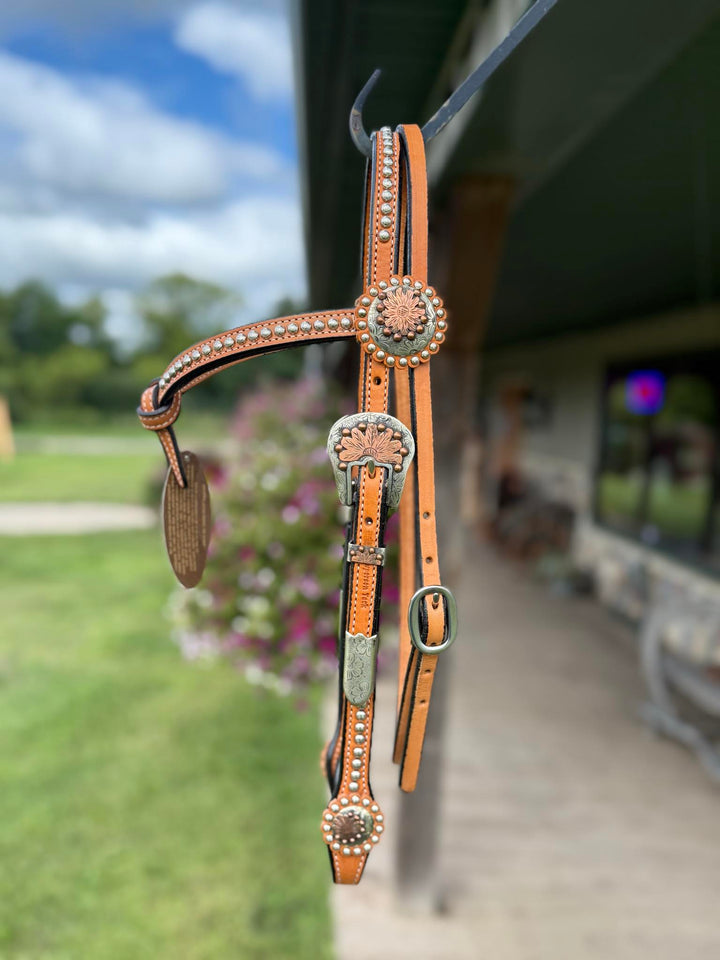 Cowperson Tack Light Oiled Dotted X-Browband Headstall-Sunflower Buckle and Concho Set