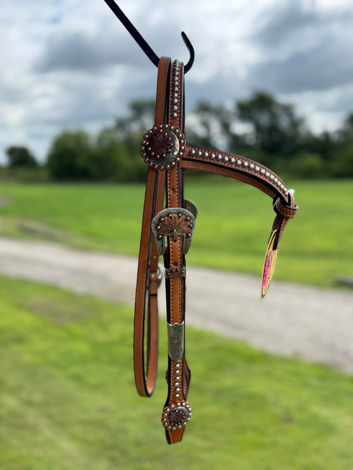 Cowperson Tack Light Oiled Dotted X-Browband Headstall-Sunflower Buckle and Concho Set