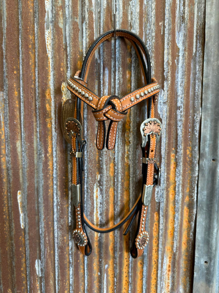 Cowperson Tack Light Oiled Dotted X-Browband Headstall-Sunflower Buckle and Concho Set