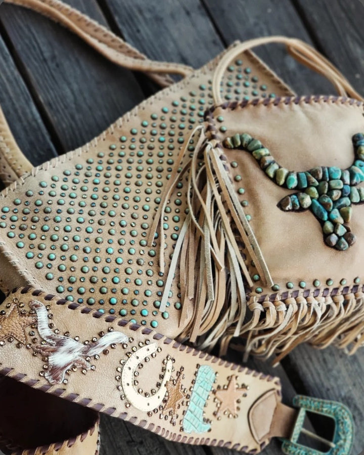 KurtMen Gazelle with Turquoise and Crystal Studs Wedge Tote