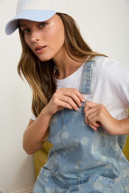 Blu Pepper Women's Washed Denim Dandelion Overall Mini Dress