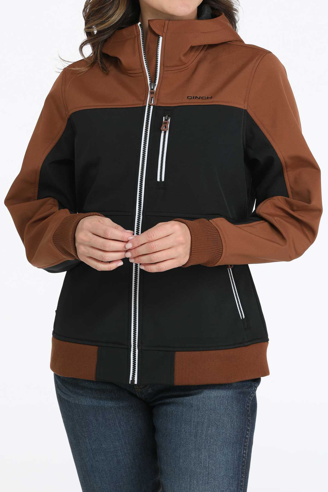 Cinch Women's Brown Color Blocked Bonded Hoodie