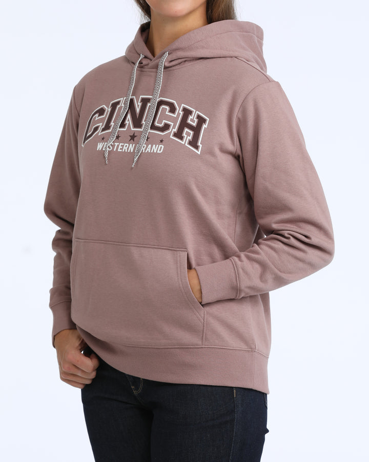 Cinch Women's Lilac Logo Hoodie showing front view with Cinch branding, soft fabric, and casual western style.
