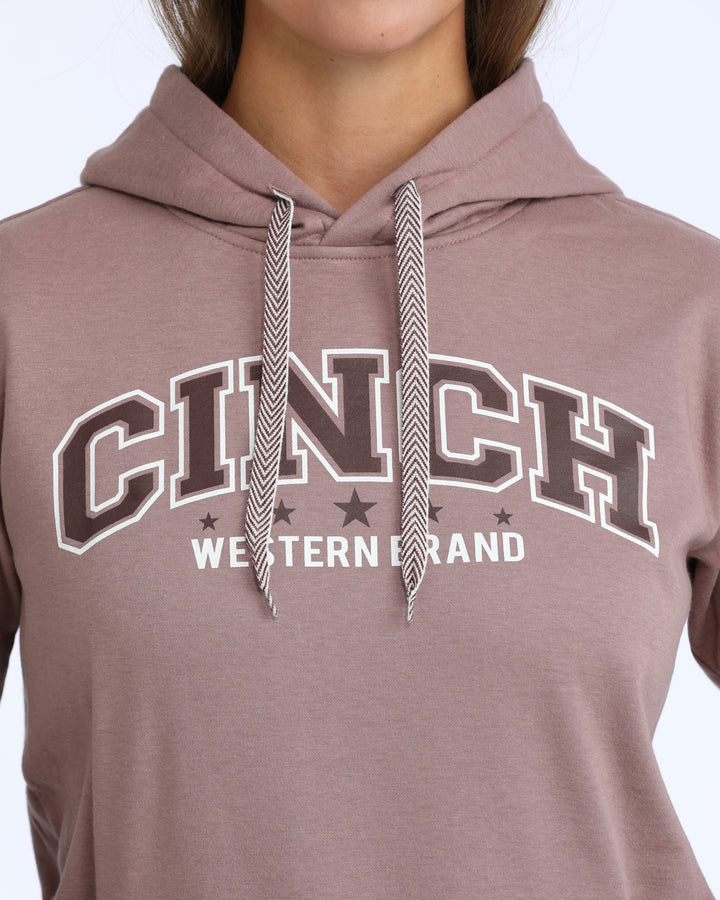 Cinch Women's Lilac Logo Hoodie featuring a front pocket and hood, casual Western wear with Cinch branding.