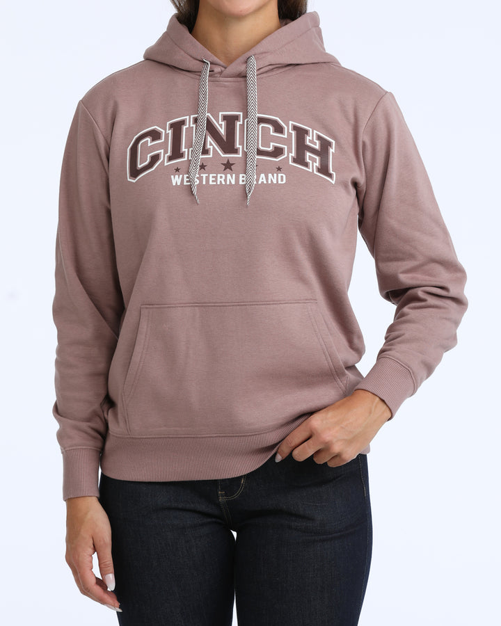 Cinch Women's lilac logo hoodie, western wear style, soft fabric, front logo embroidery, casual and comfortable fit.