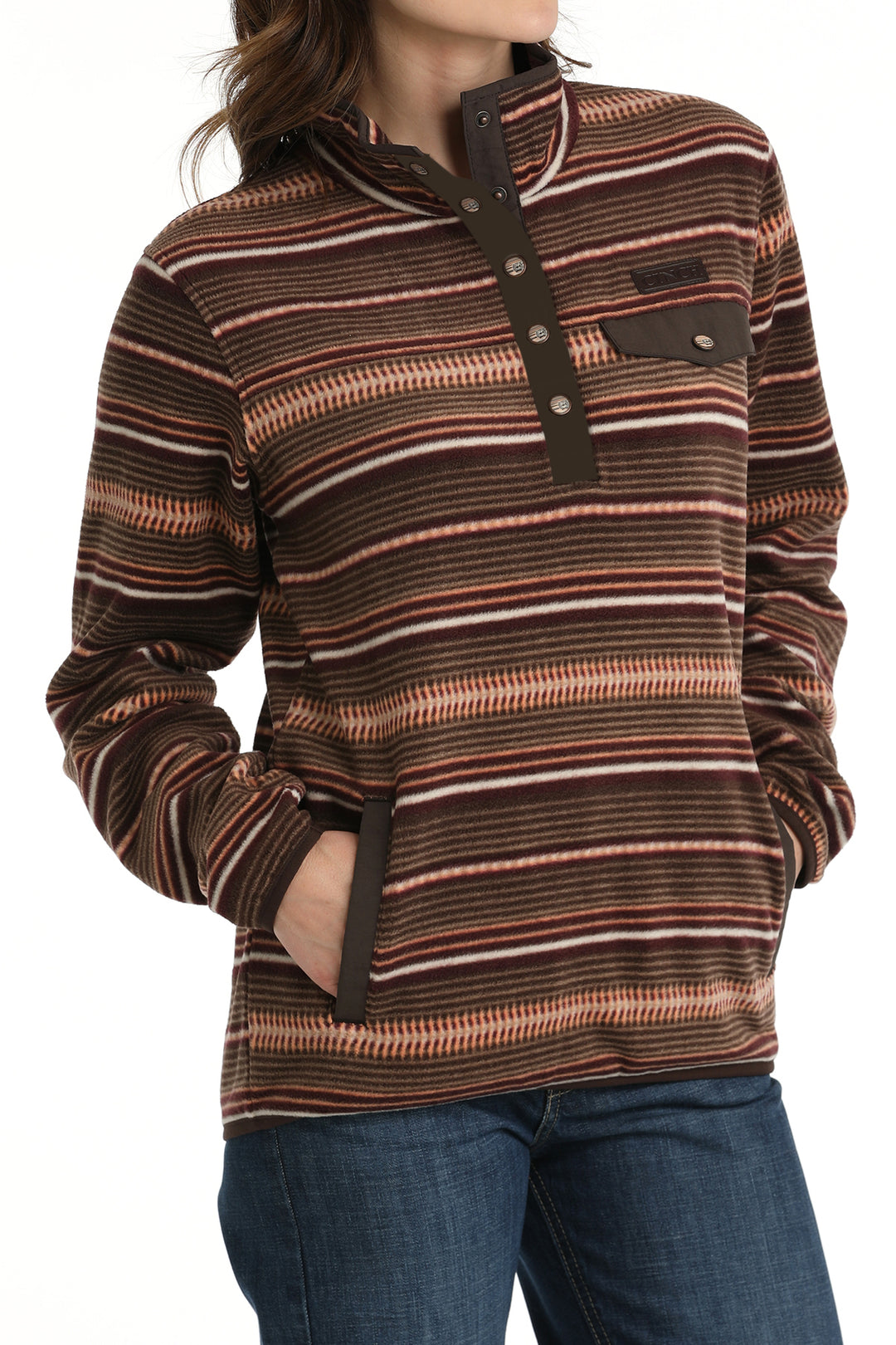 Cinch Women's Brown and Coral Striped Fleece Pullover