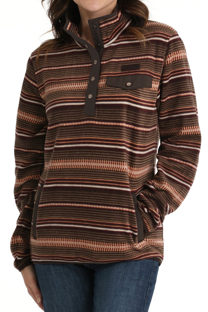 Cinch Women's Brown and Coral Striped Fleece Pullover