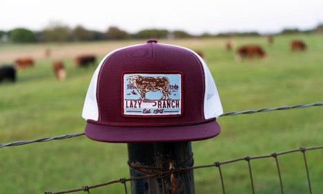 Lazy J Ranch Maroon & White Blue Bull Trap Classic Rope Trucker Hat