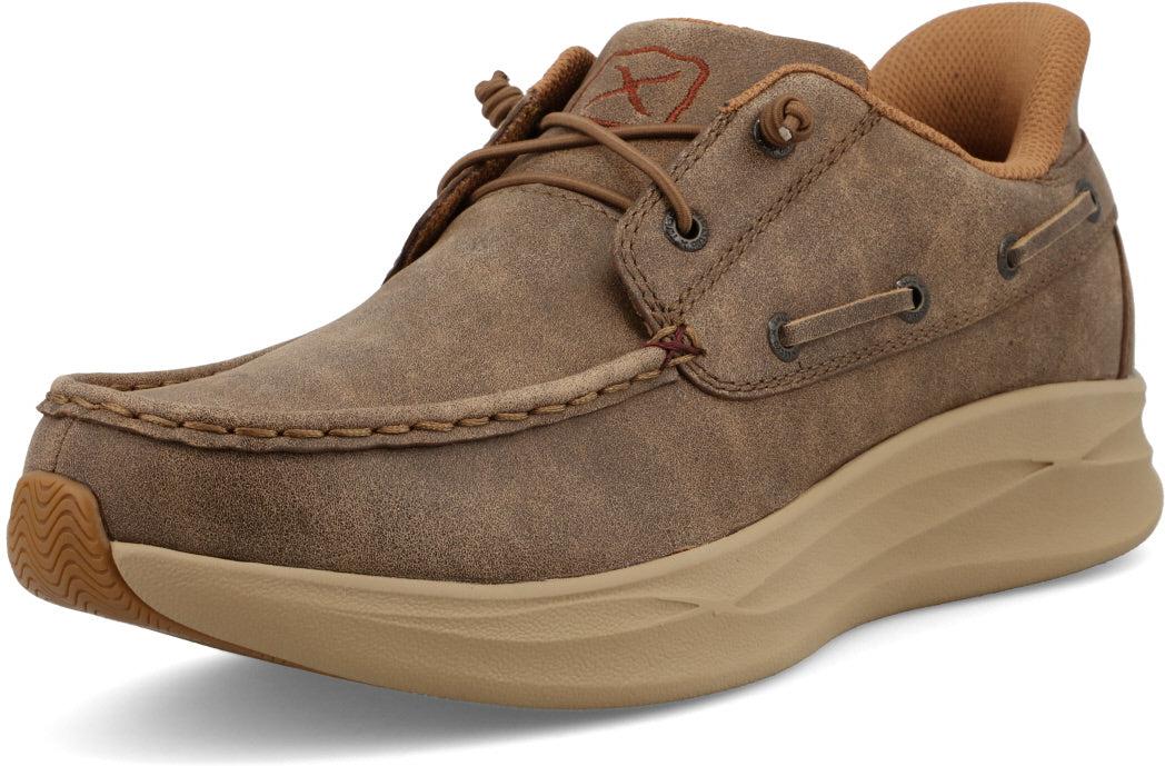 Men's Twisted X Bomber Feather X casual moccasins in brown leather with stitching details and slip-on design.