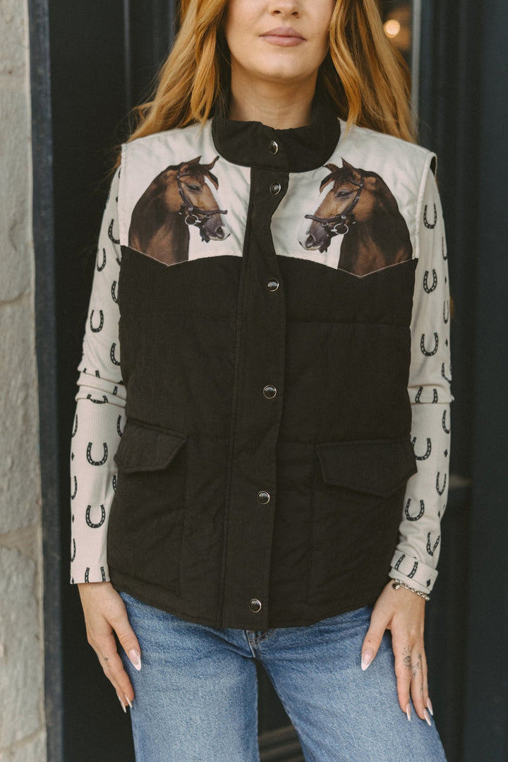 Rodeo Hippie Women's Black MOD Wild Horses Puffer Vest
