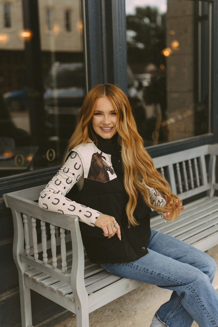Rodeo Hippie Women's Black MOD Wild Horses Puffer Vest