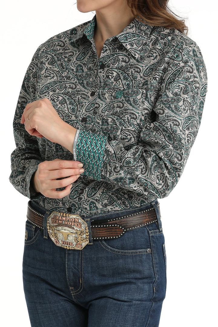 Cinch Women's Grey and Teal Paisley Button Down Shirt