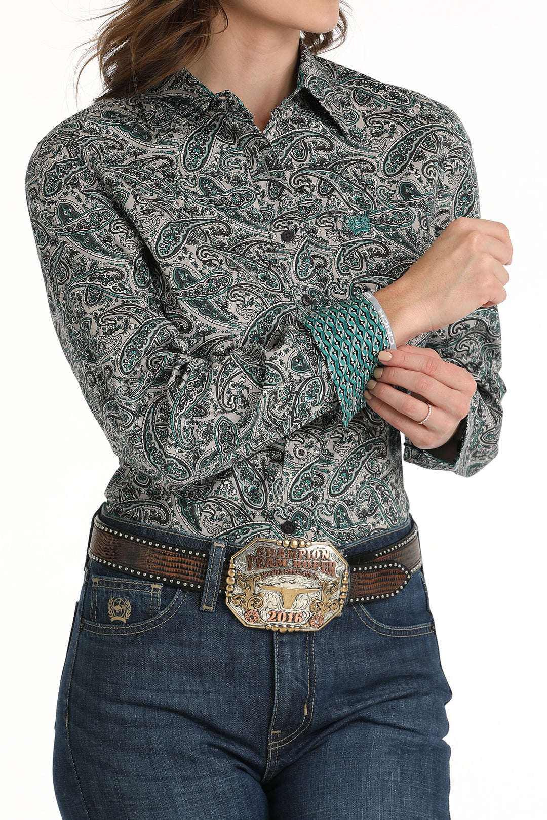 Cinch Women's Grey and Teal Paisley Button Down Shirt