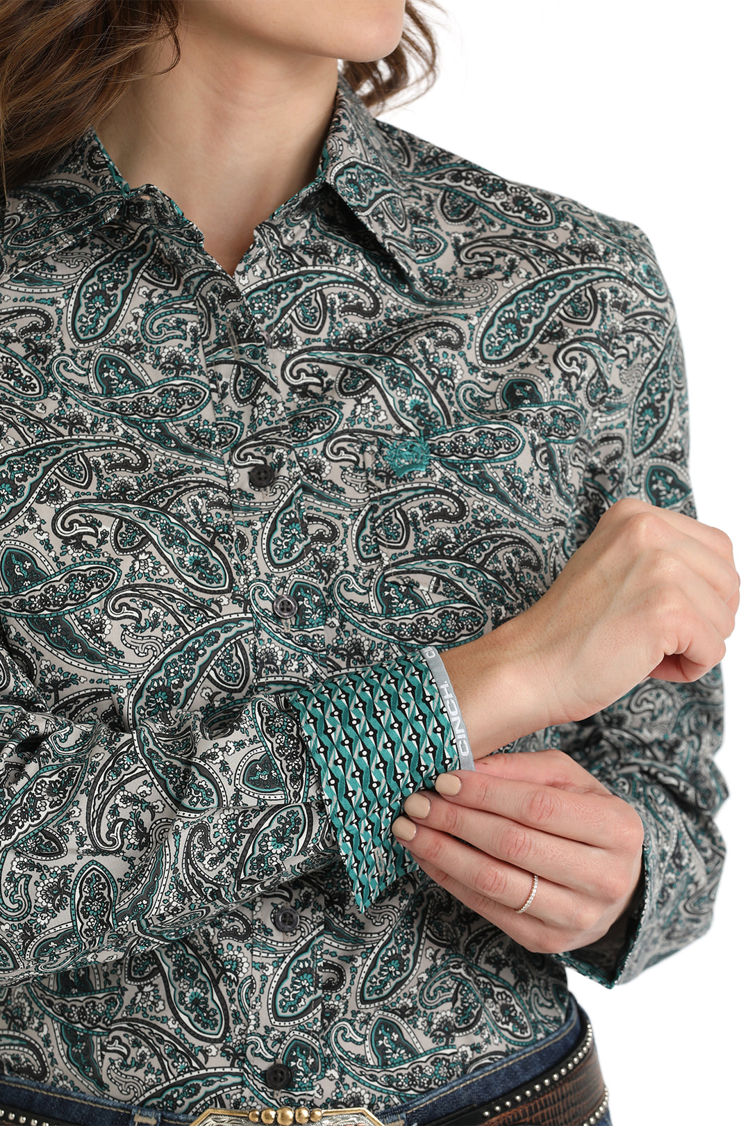 Cinch Women's Grey and Teal Paisley Button Down Shirt