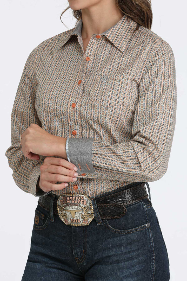 Cinch Women's Orange and Gray Geometric Print Butoon Down Shirt