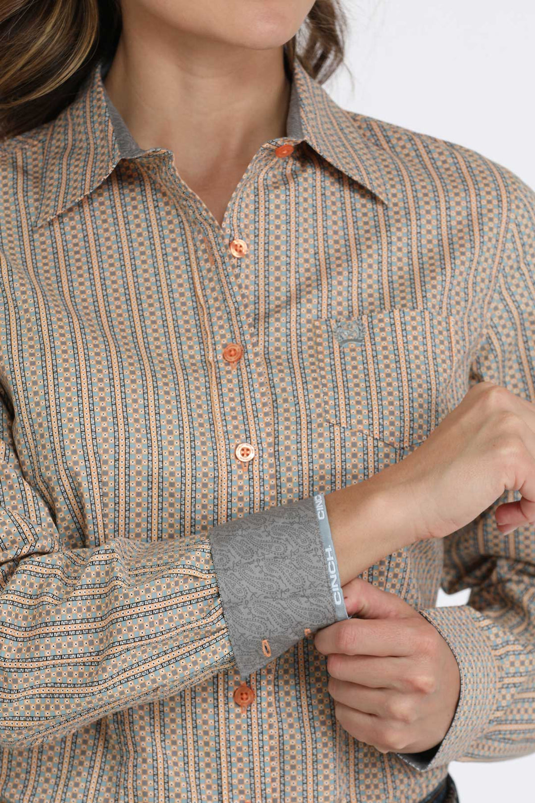 Cinch Women's Orange and Gray Geometric Print Butoon Down Shirt