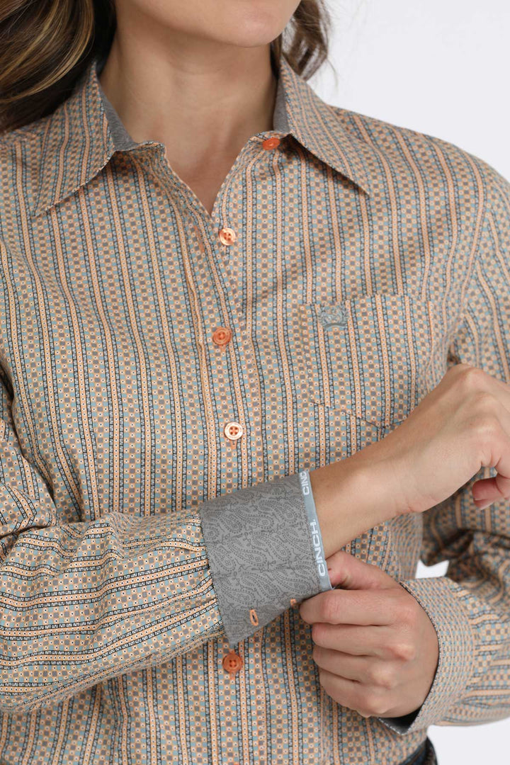 Cinch Women's Orange and Gray Geometric Print Butoon Down Shirt