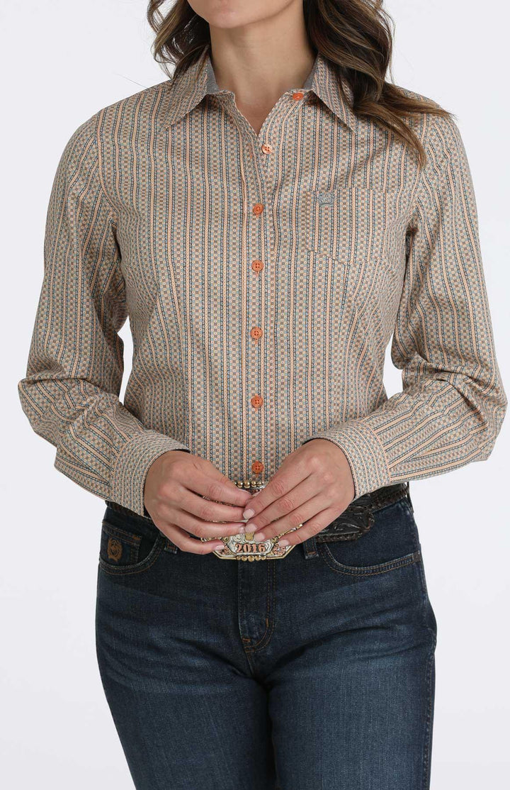 Cinch Women's Orange and Gray Geometric Print Butoon Down Shirt