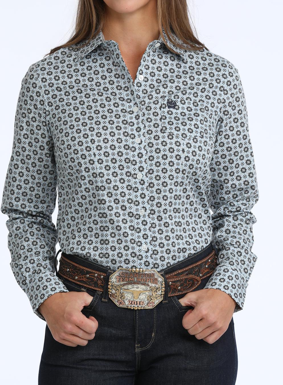 Cinch Women's Light Blue Geometric Printed Long Sleeve Button Down Shirt